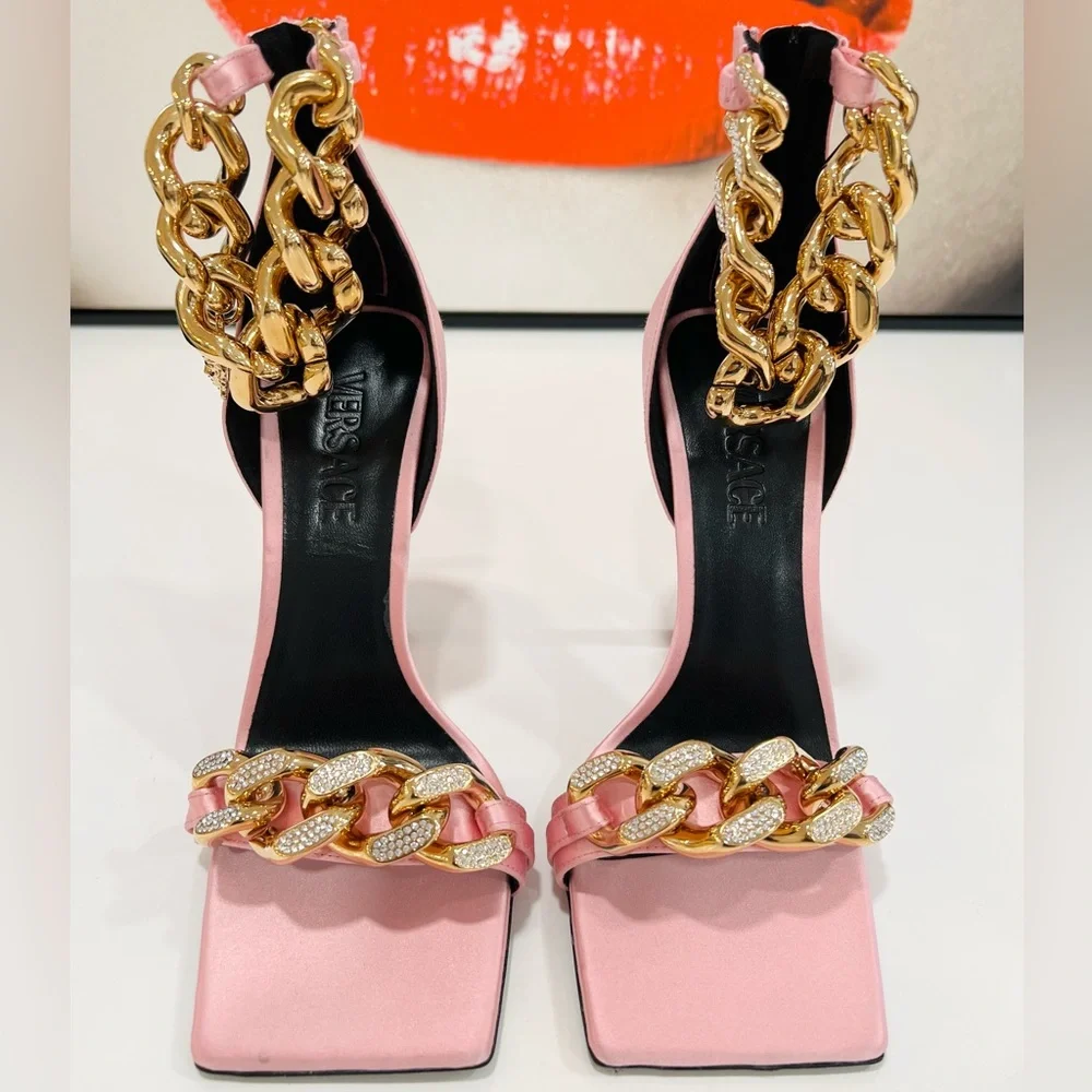 VERSACE Charm Crystal Chain High-Heel Sandals in PInk IT39/US9